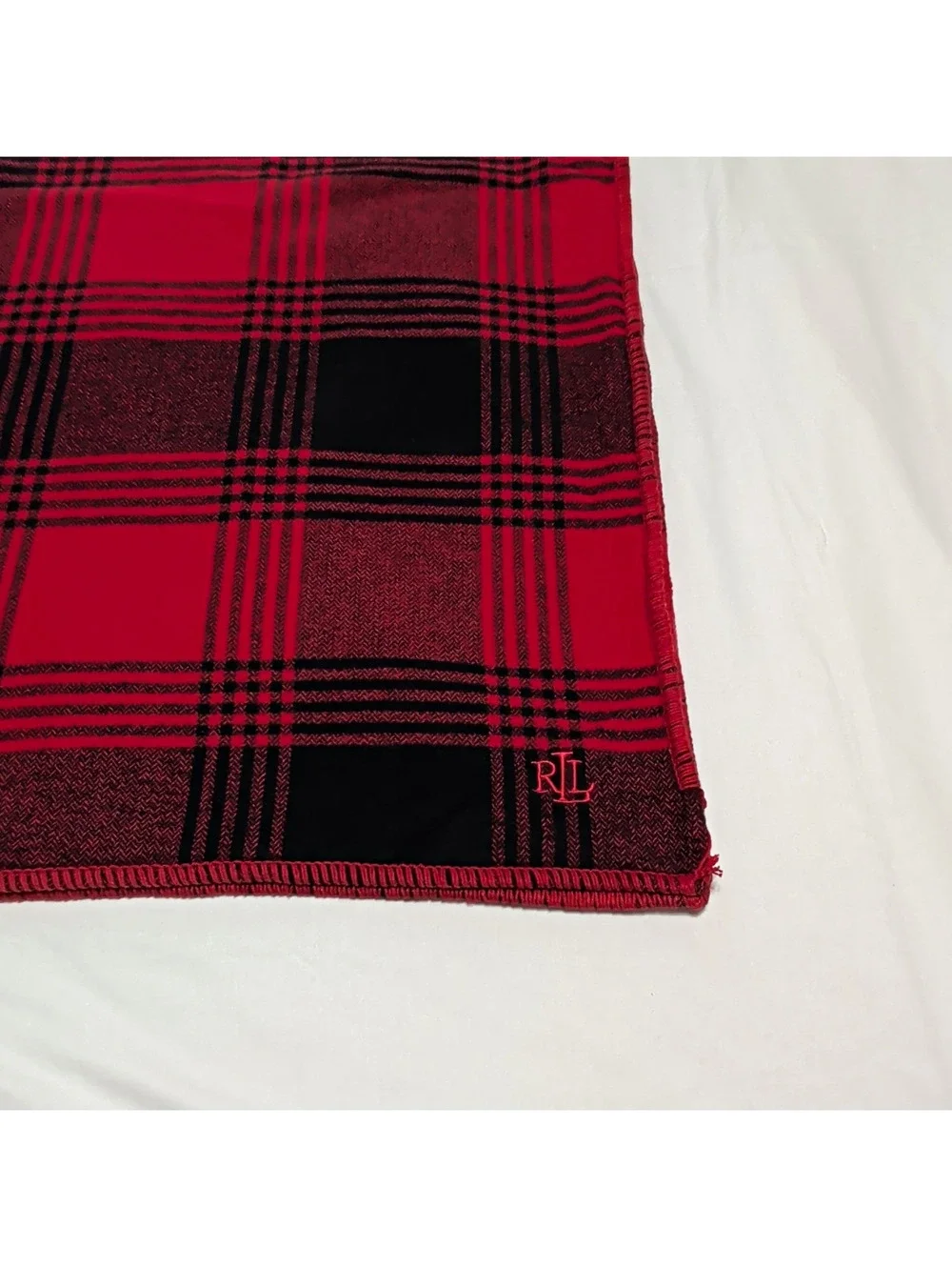 Lauren Ralph Lauren Red Black Plaid Cotton Throw Blanket RL Logo 55x65